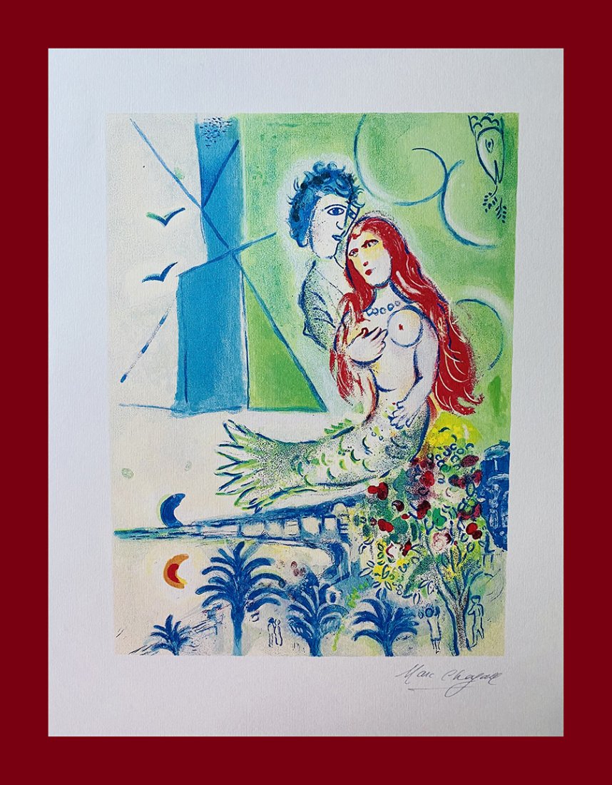Marc Chagall - Siren and Poet in Côte d'Azur: Marc Chagall "Siren and Poet in Côte d'Azur". Beautiful lithograph by the french master Marc Chagall. Limited edition. Published by Charles Sorlier. Lithograph, signed on plate on the right margin. O