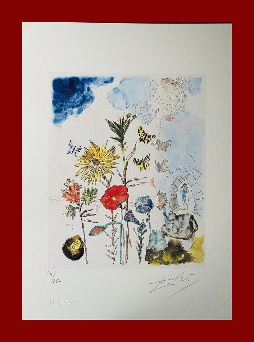 Salvador Dali (attr.) - Flowers: Salvador Dali (after) "Flowers" beautiful HAND SIGNED lithograph on Arches Paper attributed to the spanish master Salvador DalÃ¬. Size: 33x48 cm. Published by S.P.A.D.E.M, Paris. Blindstamp of SPADE
