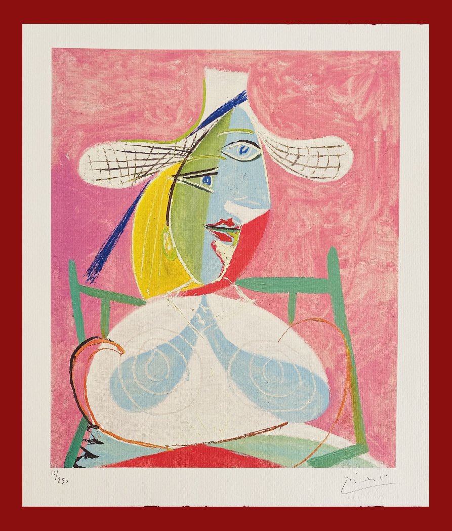 Pablo Picasso - Woman in Straw Hat: Pablo Picasso "Woman in Straw Hat" Giclee Fine Art Print after an original work. Print-signed lower right, numbered lower left. Decorative Blindstamp on the print and Certificate of Edition provided. 