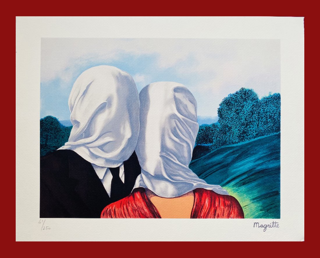 Rene Magritte - The Lovers: Rene Magritte "The Lovers" Giclee Fine Art Print after an original work. Print-signed lower right, numbered lower left. Decorative Blindstamp on the print and Certificate of Edition provided. Excellen