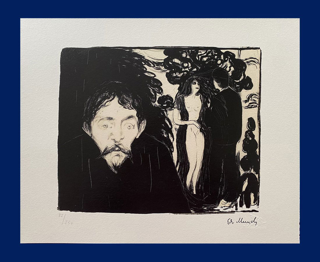 Edvard Munch - Jealousy: Edvard Munch "Jealousy". Giclee Fine Art Print after an original work. Print-signed lower right, hand-numbered. Decorative Blindstamp and Adhesive of Edition on the print. Excellent conditions. Shippe
