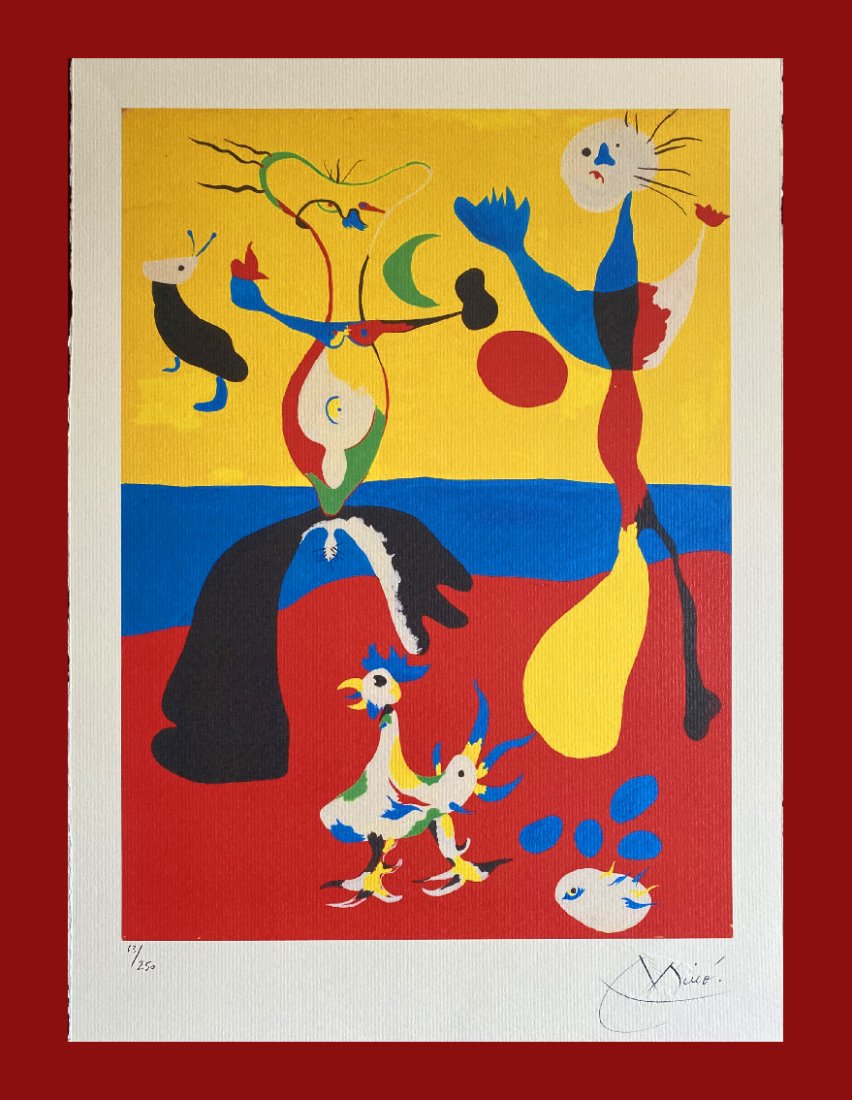 Joan Miro - The Farmer and his Spouse: Joan Miro "The Farmer and his Spouse" Giclee Fine Art Print after an original work. Print-signed lower right, numbered lower left. Decorative Blindstamp on the print and Certificate of Edition provide
