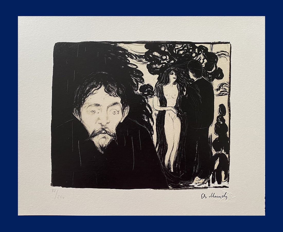 Edvard Munch - Jealousy: Edvard Munch "Jealousy". Giclee Fine Art Print after an original work. Print-signed lower right, hand-numbered. Decorative Blindstamp and Adhesive of Edition on the print. Excellent conditions. Shippe