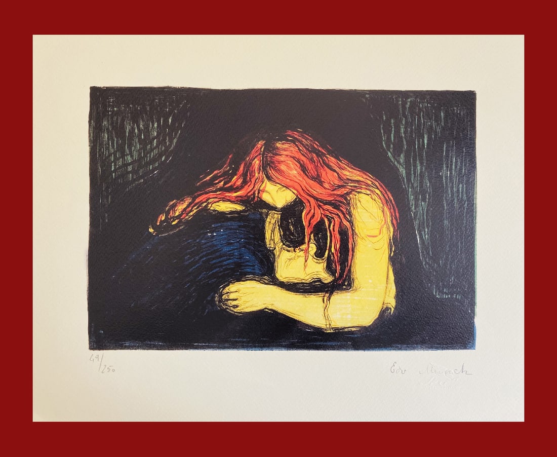 Edvarrd Munch - Vampires: Edvard Munch "Vampires" Giclee Fine Art Print after an original work. Print-signed lower right, numbered lower left. Decorative Blindstamp on the print and Certificate of Edition provided. Excellent c