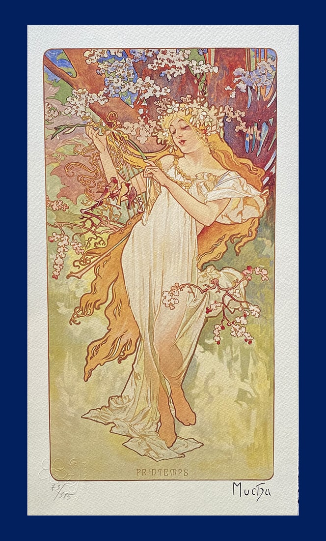 Alphonse Mucha - Spring: Alphonse Mucha "Spring". Giclee Fine Art Print after an original work. Print-signed lower right, hand-numbered. Decorative Blindstamp and Adhesive of Edition on the print. Excellent conditions. Shippe