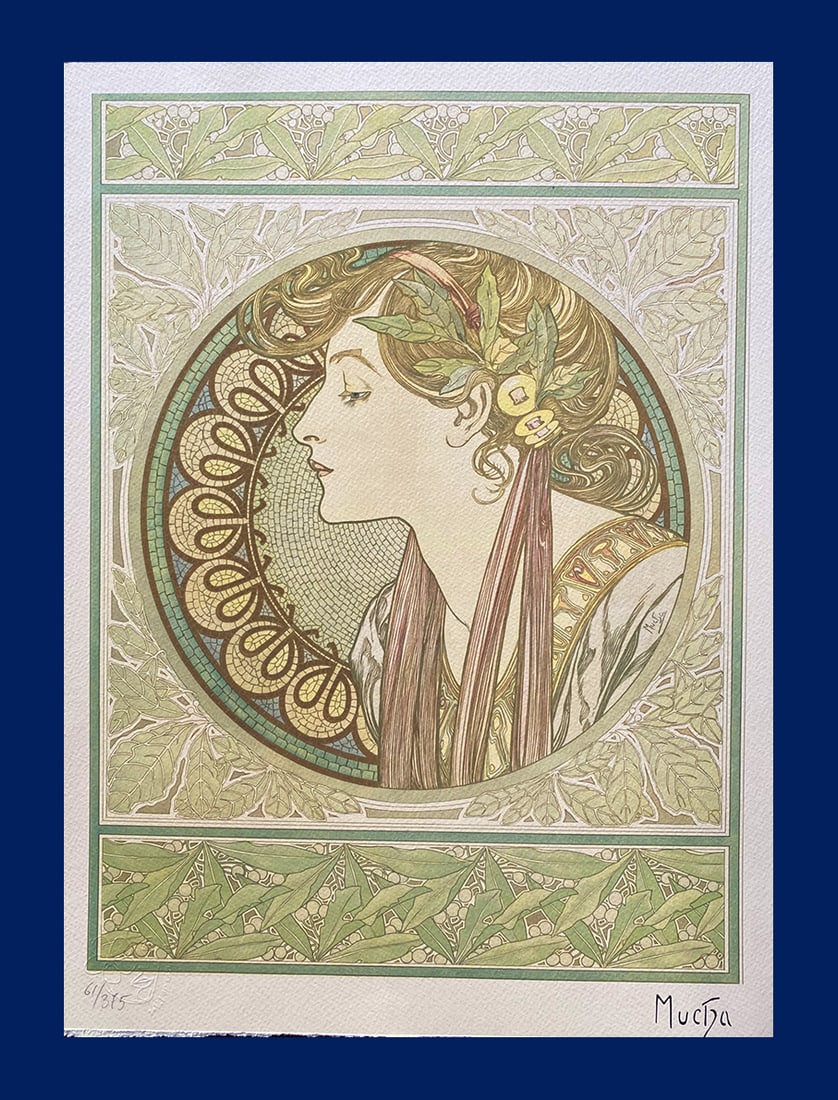 Alphonse Mucha - Laurel: Alphonse Mucha "Laurel". Giclee Fine Art Print after an original work. Print-signed lower right, hand-numbered. Decorative Blindstamp and Adhesive of Edition on the print. Excellent conditions. Shippe