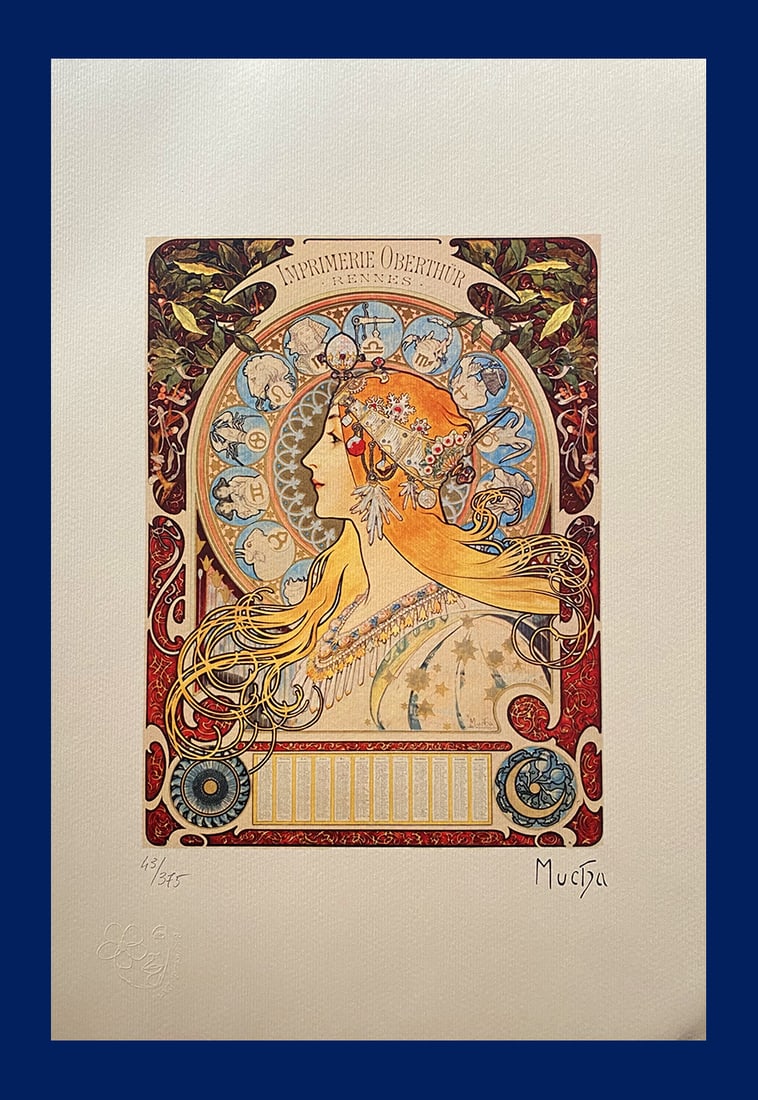 Alphonse Mucha - Oberthur Printing-House: Alphonse Mucha "Oberthur Printing-House". Giclee Fine Art Print after an original work. Print-signed lower right, hand-numbered. Decorative Blindstamp and Adhesive of Edition on the print. Excellent c
