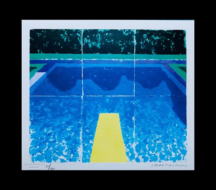 David Hockney - Pool with Three Blues: David Hockney "Pool with three Blues" Chromolitograph after an original work. Print-signed lower right, numbered lower left.Excellent conditions. Shipped with care in solid tube, fast shipping in 3-4