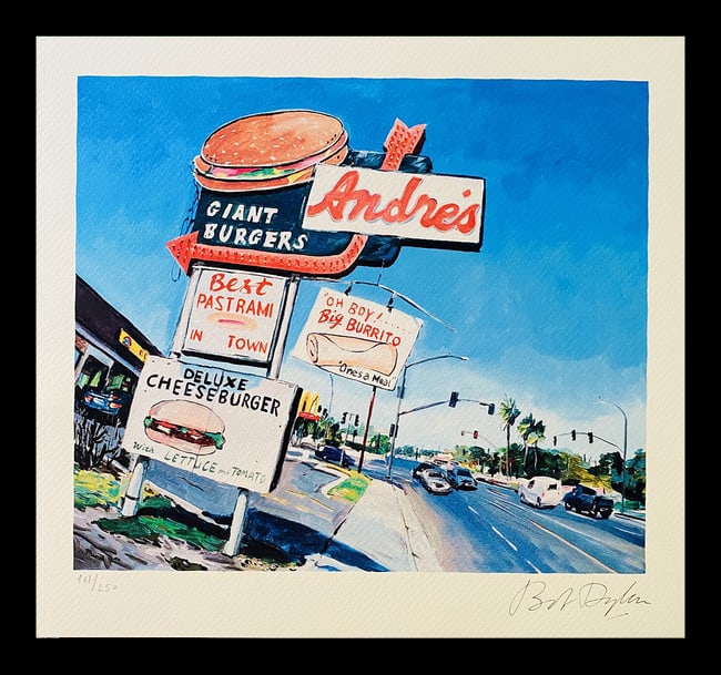Bob Dylan - Burger House: Bob Dylan "Burger House" Fine Art Print after an original work. Print-signed lower right, numbered lower left.Excellent conditions. Shipped with care in solid tube, fast shipping in 3-4 days all over