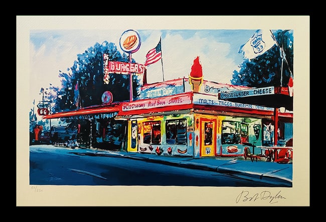 Bob Dylan - Burger Joint: Route 66: Bob Dylan "Burger Joint: Route 66" Fine Art Print after an original work. Print-signed lower right, numbered lower left.Excellent conditions. Shipped with care in solid tube, fast shipping in 3-4 days