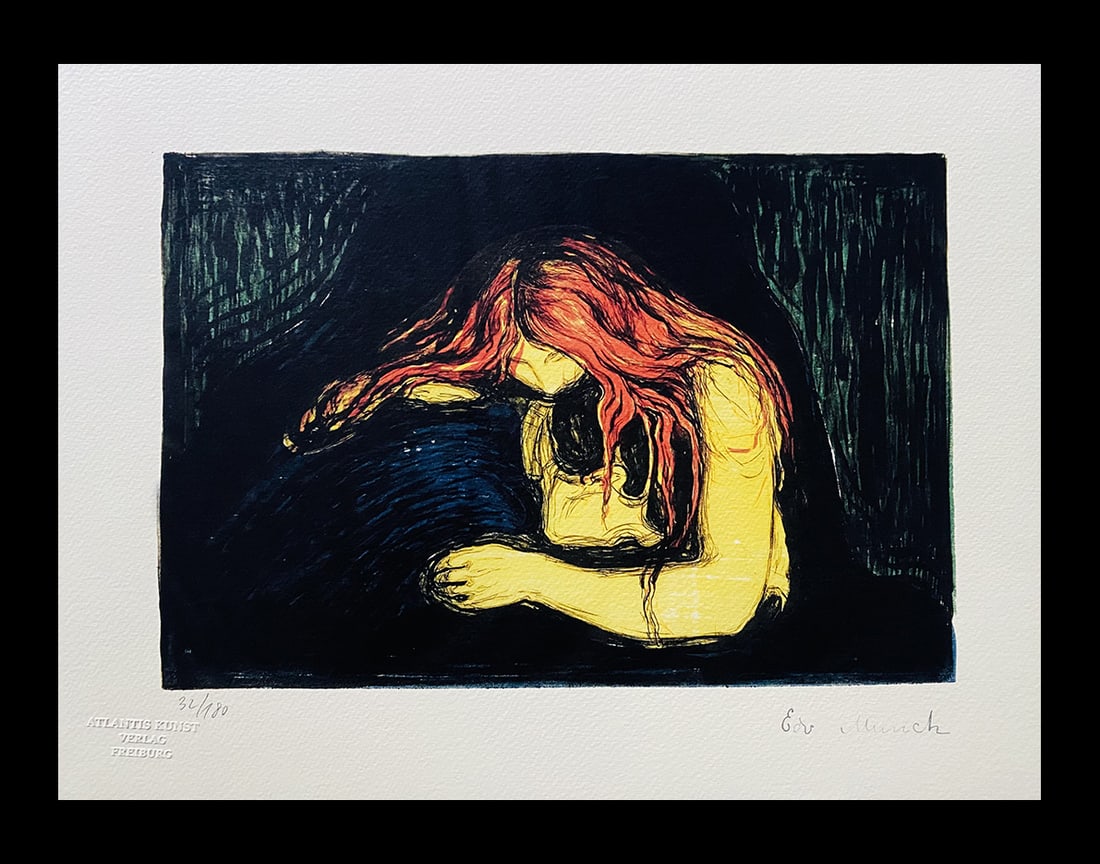 Edvard Munch - Vampires: Edvard Munch "Vampires" Chromolithograph after an original work.Dry stamp. Print-signed lower right, numbered lower left. Blindstamp on the print and Certificate of Edition provided. Excellent conditi