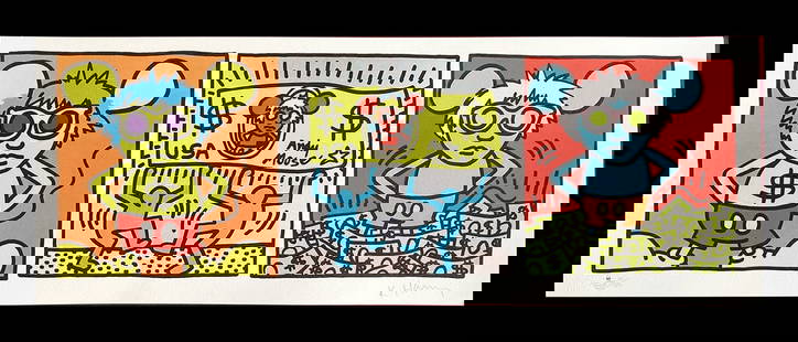 Keith Haring - Andy Mouse Triptych: Keith Haring "Andy Mouse Triptych" Chromolithograph after an original work. Dry stamp. Signed on the plate lower right, numbered lower to the left.Excellent conditions. Shipped with care in solid tube