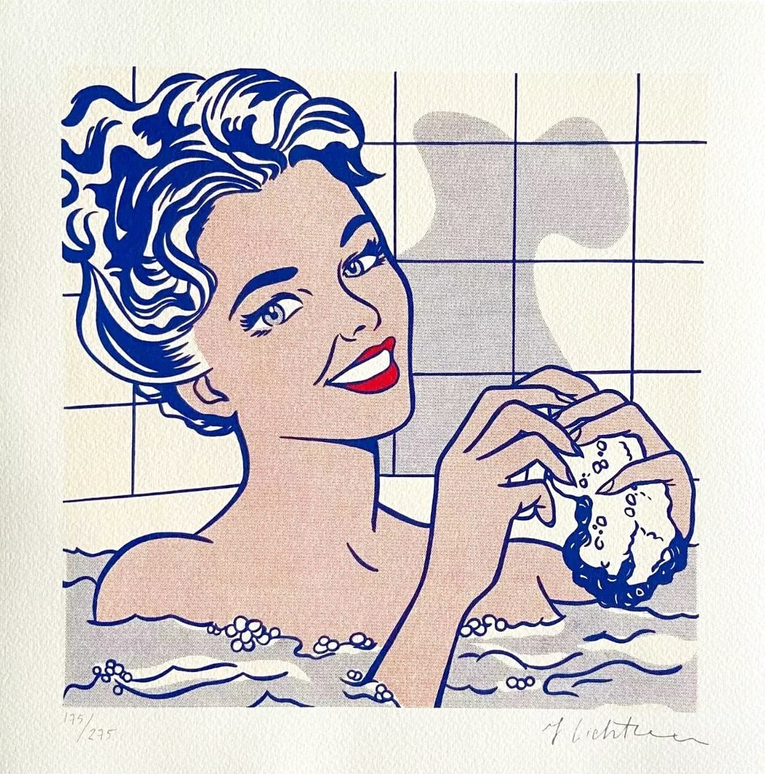 Roy Lichtenstein - Girl taking a Bath: Roy Lichtenstein "Girl Taking a Bath" Chromolithograph after an original work. Dry stamp. Signed on the plate lower right, numbered lower to the left.Excellent conditions. Shipped with care in solid t