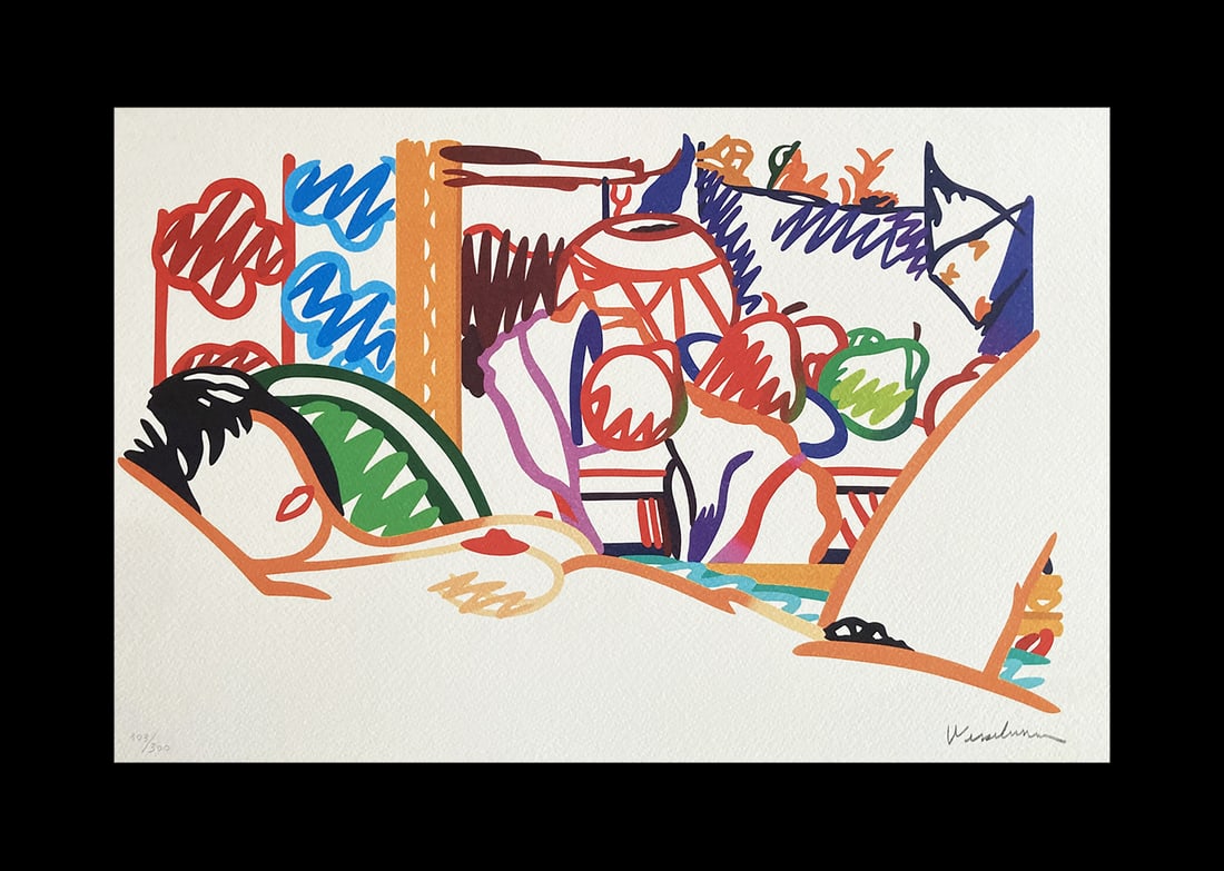 Tom Wesselmann - Monica Nude with Cezanne Portfolio: Tom Wesselmann "Monica Nude with Cezanne Portfolio" Chromolithograph after an original work. Signed on the plate lower right, numbered lower left.Excellent conditions. Shipped with care in solid tube,