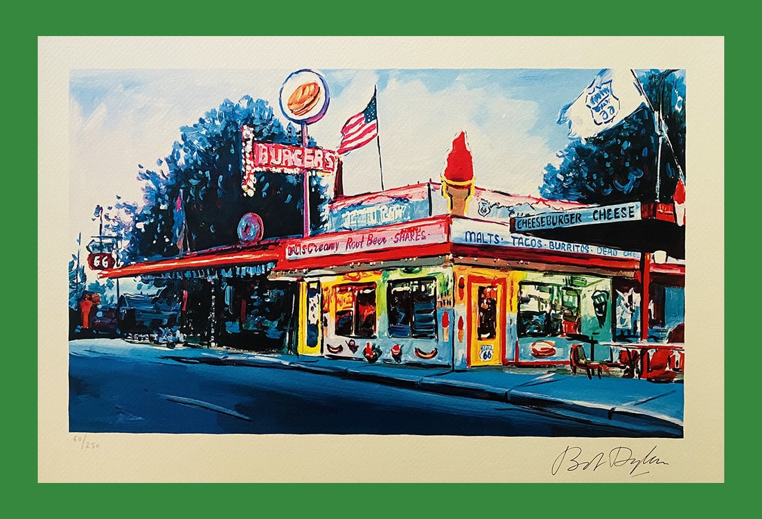 Bob Dylan - Burger Joint: Route 66: Bob Dylan "Burger Joint: Route 66" Fine Art Print after an original work. Print-signed lower right, numbered lower left.Excellent conditions. Shipped with care in solid tube, fast shipping in 3-4 days