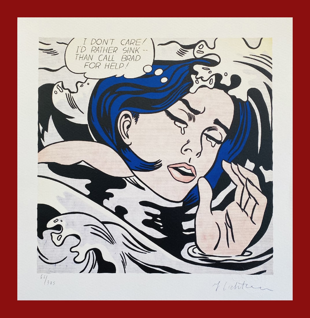 Roy Lichtenstein - Drowning Girl: Roy Lichtenstein "Drowning Girl" Giclee Fine Art Print after an original work. Print-signed lower right, numbered lower left. Decorative Blindstamp on the print and Certificate of Edition provided. Ex