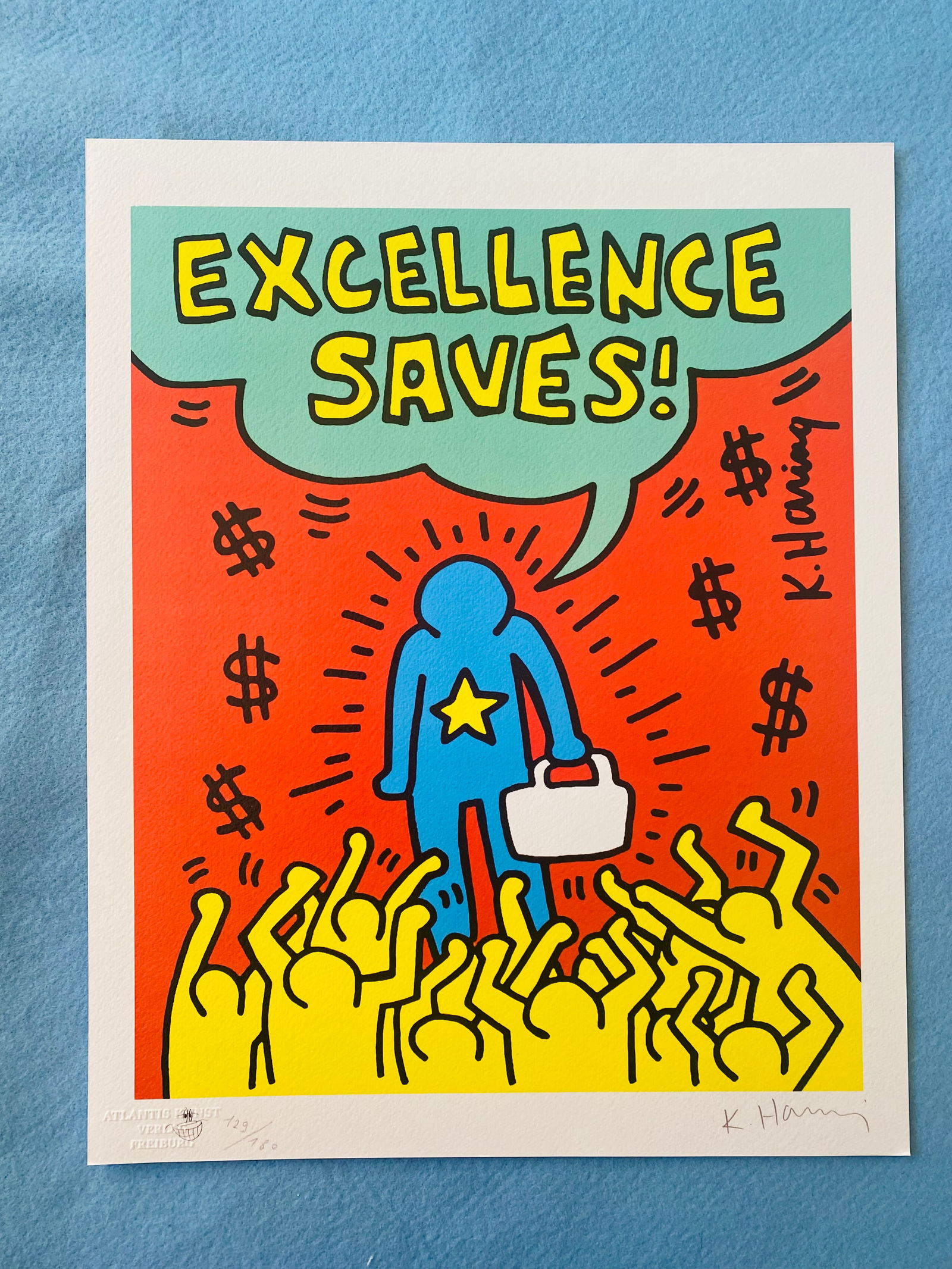 Keith Haring - Excellence Saves: Keith Haring "Excellence Saves" Chromolitograph after an original work. Print-Signed on lower right. Numbered lower left.Excellent conditions. Shipped with care in solid tube, fast shipping in 3-4 day