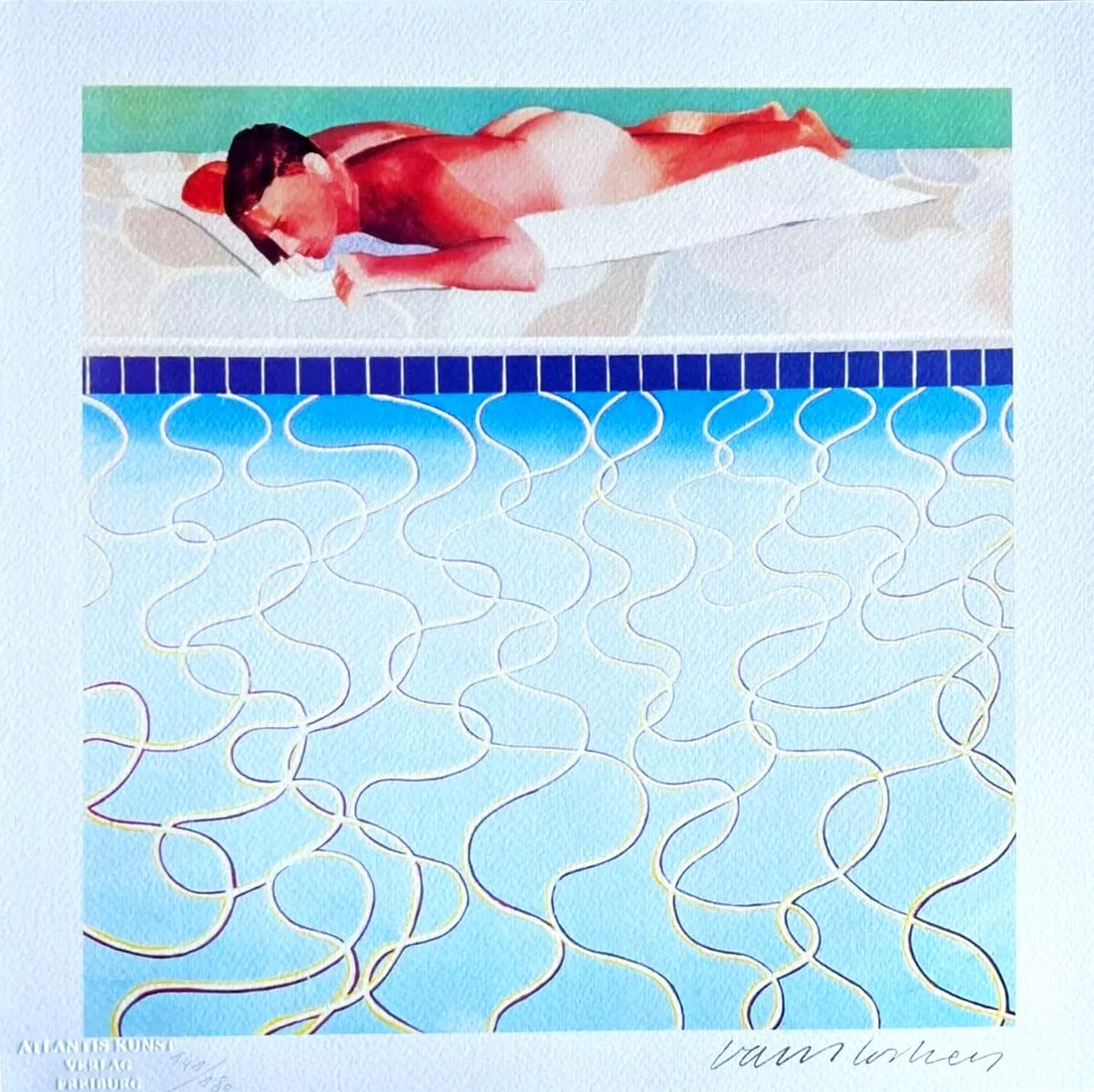 David Hockney - Man Sunbathing: David Hockney "Man Sunbathing" Chromolitograph after an original work. Print-signed lower right. Numbered lower left. Excellent conditions. Shipped with care in solid tube, fast shipping in 3-4 days