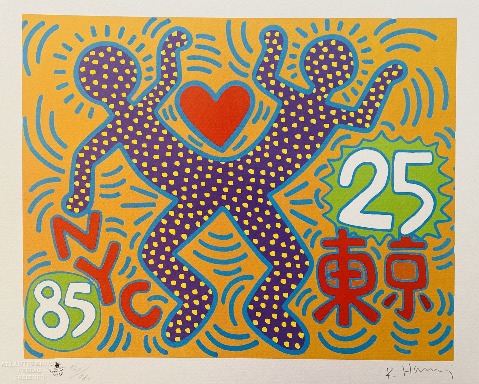Keith Haring - New York - Tokyo '85: Keith Haring "New York - Tokyo '85" Chromolitograph after an original work. Print-signed lower right. Numbered lower left. Excellent conditions. Shipped with care in solid tube, fast shipping in 3-4
