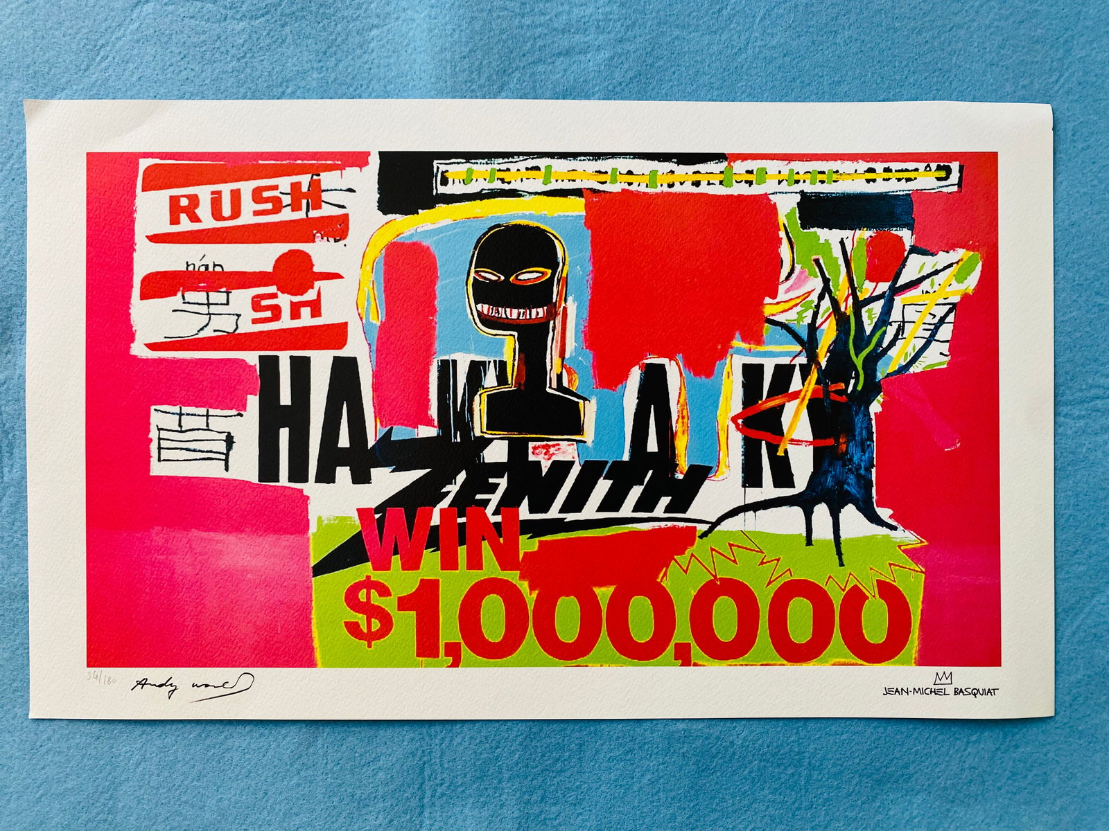Basquiat / Warhol - Win 1.000.000 $: Basquiat / Warhol "Win 1.000.000 $" Chromolitograph after an original work. Print-signed lower right. Numbered lower left. Excellent conditions. Shipped with care in solid tube, fast shipping in 3-4