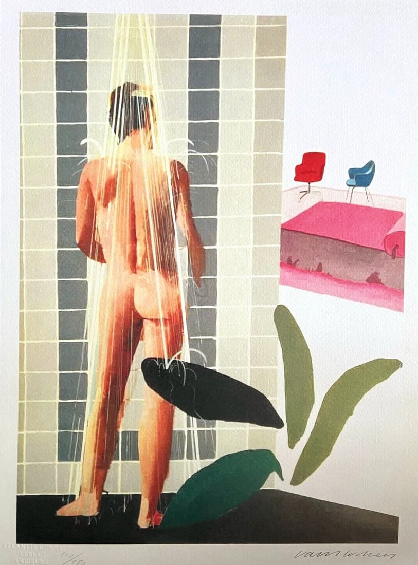 David Hockney - Man Taking a Shower: David Hockney "Man Taking a Shower" Chromolitograph after an original work. Print-signed lower right. Numbered lower left. Excellent conditions. Shipped with care in solid tube, fast shipping in 3-4