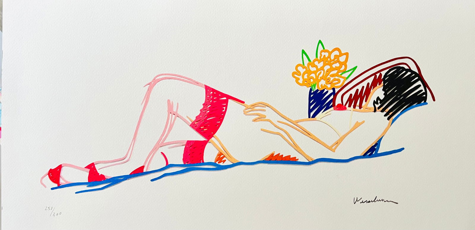 Tom Wesselmann - Nude with Bouquet and Stockings: Tom Wesselmann "Nude with Bouquet and Stockings" Chromolitograph after an original work. Print-signed lower right. Numbered lower left. Excellent conditions. Shipped with care in solid tube, fast