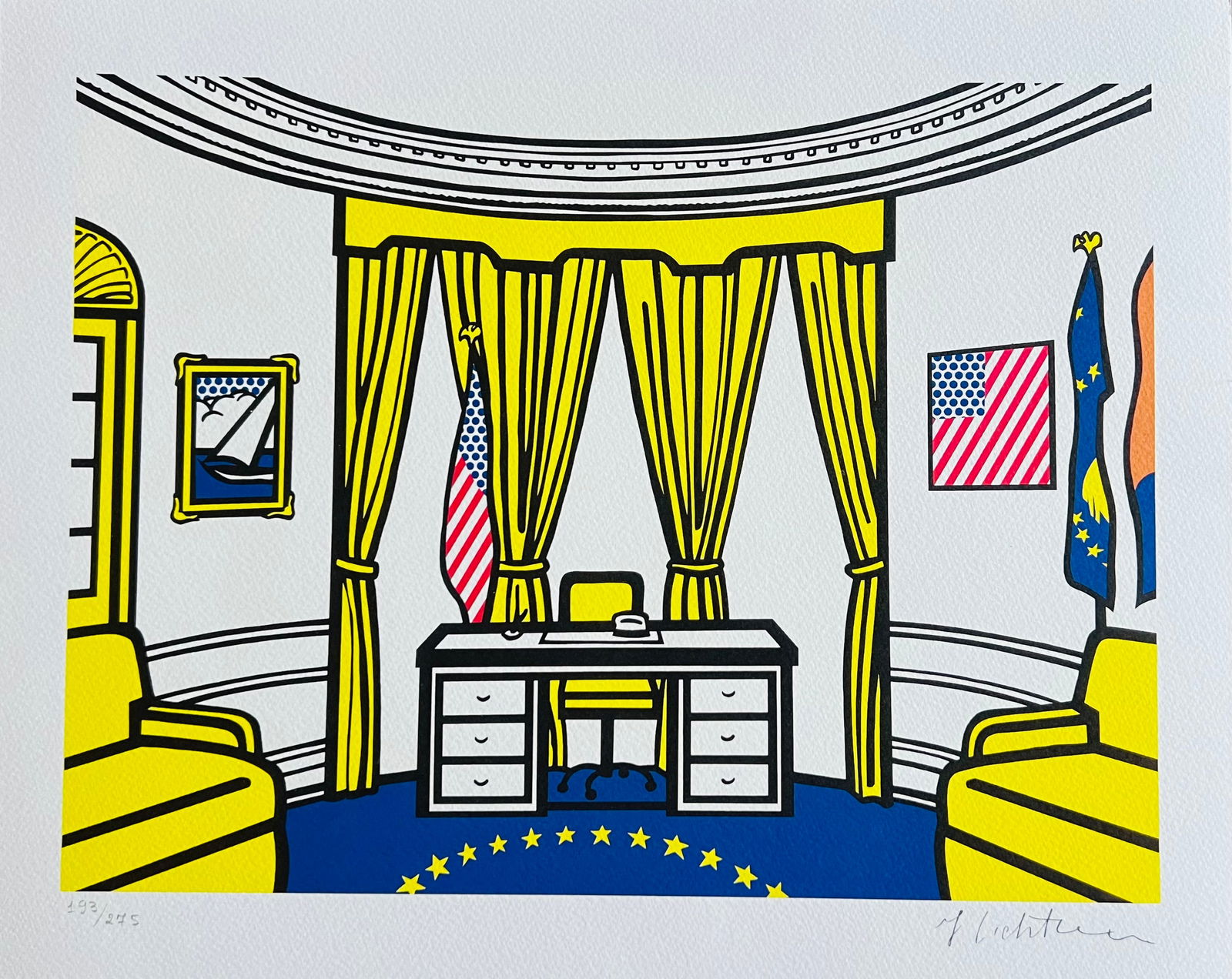 Roy Lichtenstein - Oval Office: Roy Lichtenstein "Oval Office" Chromolitograph after an original work. Print-signed lower right. Numbered lower left. Excellent conditions. Shipped with care in solid tube, fast shipping in 3-4 days