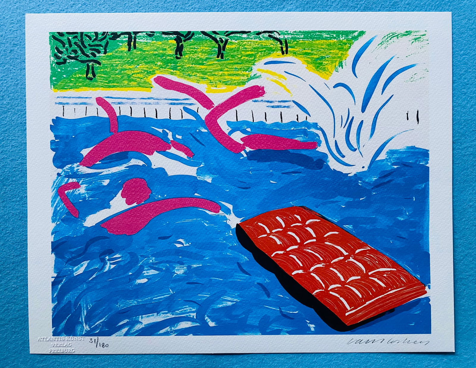 David Hockney - Swimmers: David Hockney "Swimmers" Chromolitograph after an original work. Print-signed lower right. Numbered lower left. Excellent conditions. Shipped with care in solid tube, fast shipping in 3-4 days all ove