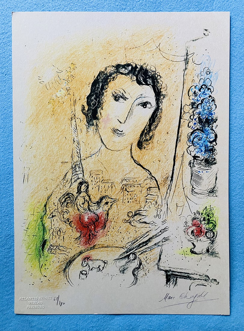 Marc Chagall - Selfportrait in Paris: Marc Chagall "Selfportrait in Paris" Chromolitograph after an original work. Print-signed lower right. Numbered lower left. Excellent conditions. Shipped with care in solid tube, fast shipping in 3-4