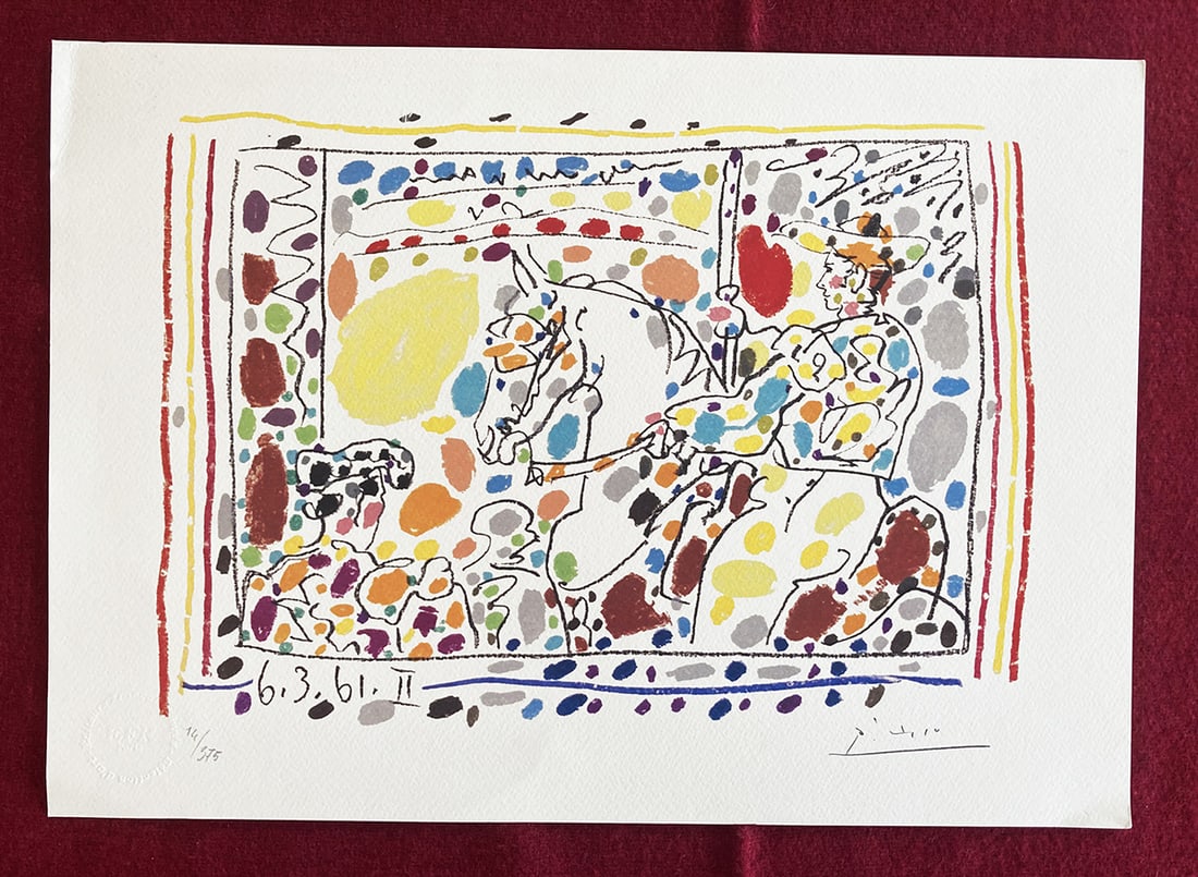 Pablo Picasso - Corrida: Pablo Picasso "Corrida" Chromolitograph after an original work. Print-signed lower right. Numbered lower left. Excellent conditions. Shipped with care in solid tube, fast shipping in 3-4 days all over