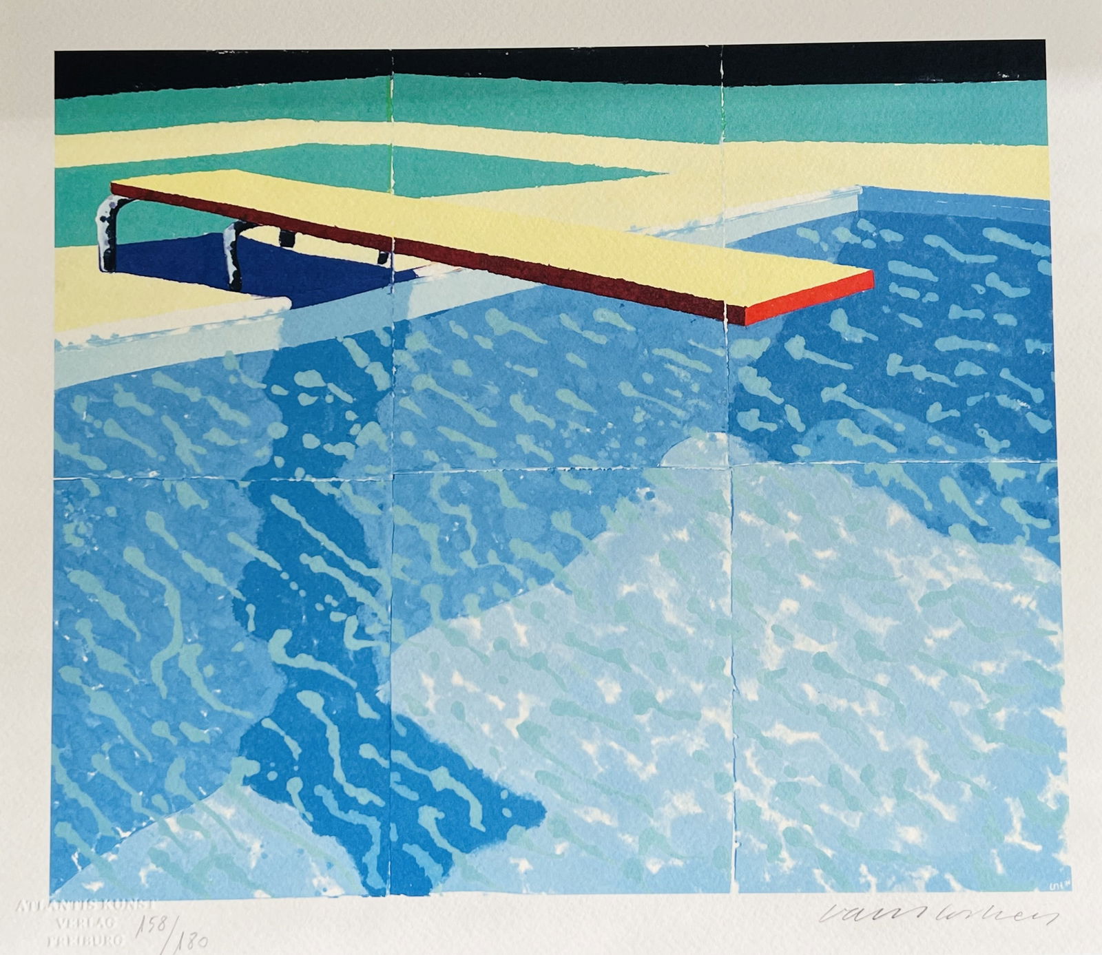 David Hockney - Pool and Springboard: David Hockney "Pool and Springboard" Chromolitograph after an original work. Numbered lower left. Excellent conditions. Shipped with care in solid tube, fast shipping in 3-4 days all over the world, 1