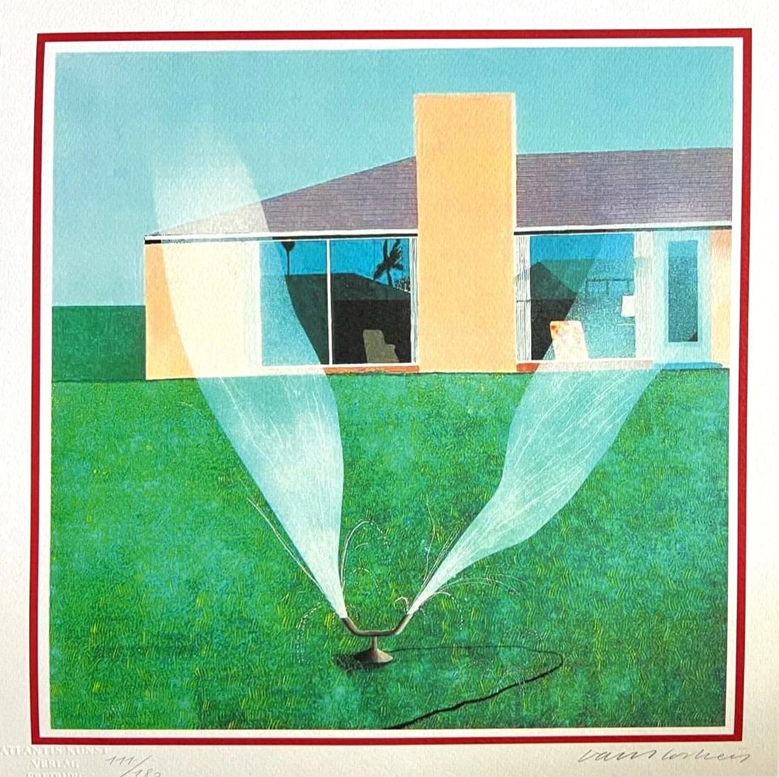 David Hockney - Garden Sprinkler: David Hockney "Garden Sprinkler" Chromolitograph after an original work. Print-signed lower right. Numbered lower left. Excellent conditions. Shipped with care in solid tube, fast shipping in 3-4 days
