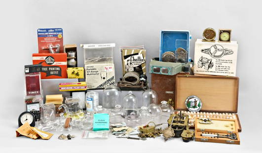 Large lot of watchmakers tools and parts: A large lot of watchmakers tools and parts, including a small number of wrist and pocket watches and movements, screws, mainsprings, hands, wheels, case springs, stems, crystals, spring bars, chains,