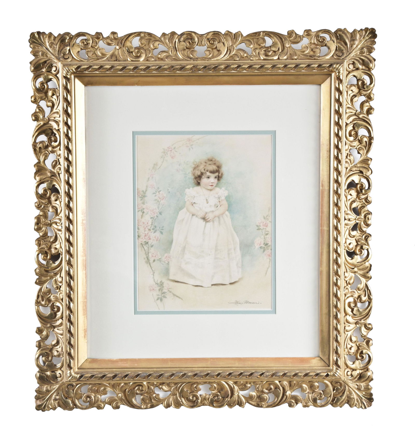 A good late 19th century watercolor portrait of a young: John Leon Moran, a good late 19th century full length watercolor portrait of a young girl, the figure in a white christening dress looking slightly to her left, hands just touching at her waist, befor
