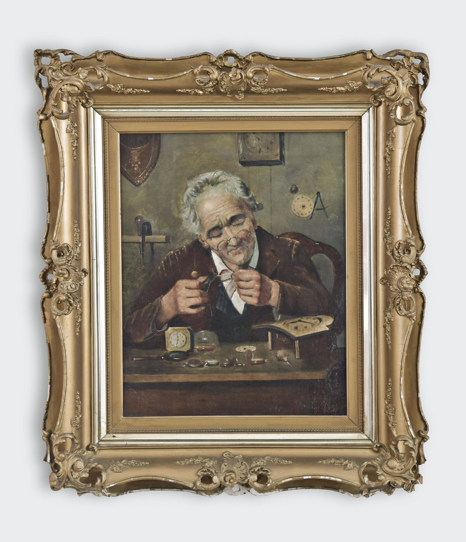An oil on canvas painting of a watchmaker signed N.: N. Delins, an oil on canvas portrait of a watchmaker at his bench, the gray haired figure with brown coat, blue vest and white shirt, and gold spectacles, his right hand with pliers, and the left with