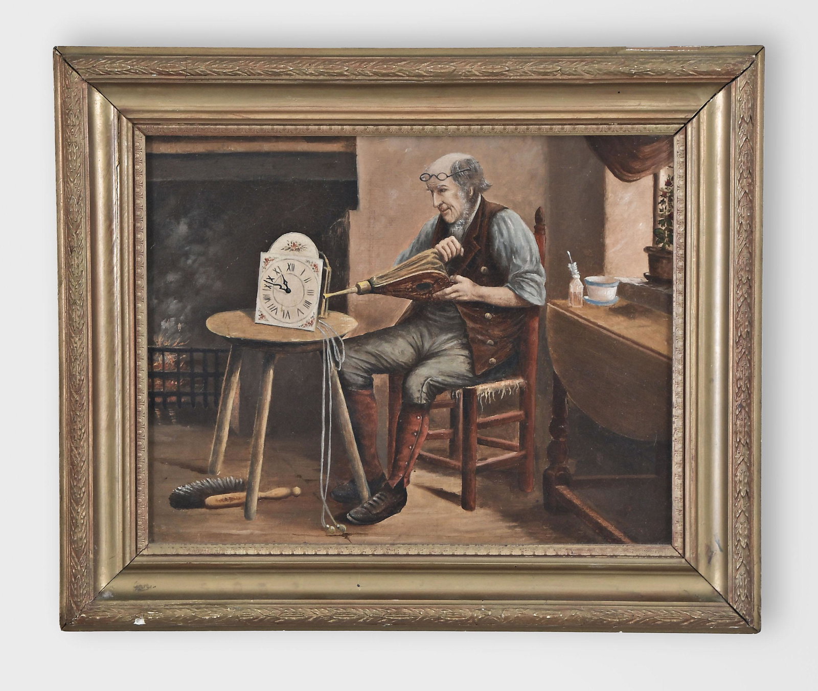 An oil on canvas of an elderly gentleman tending his: An early 20th oil on canvas featuring an elderly gentleman tending his clock, the seated figure on a red slat back chair, and in breeches, spatterdashes, and brown waistcoat, using his bellows to blow