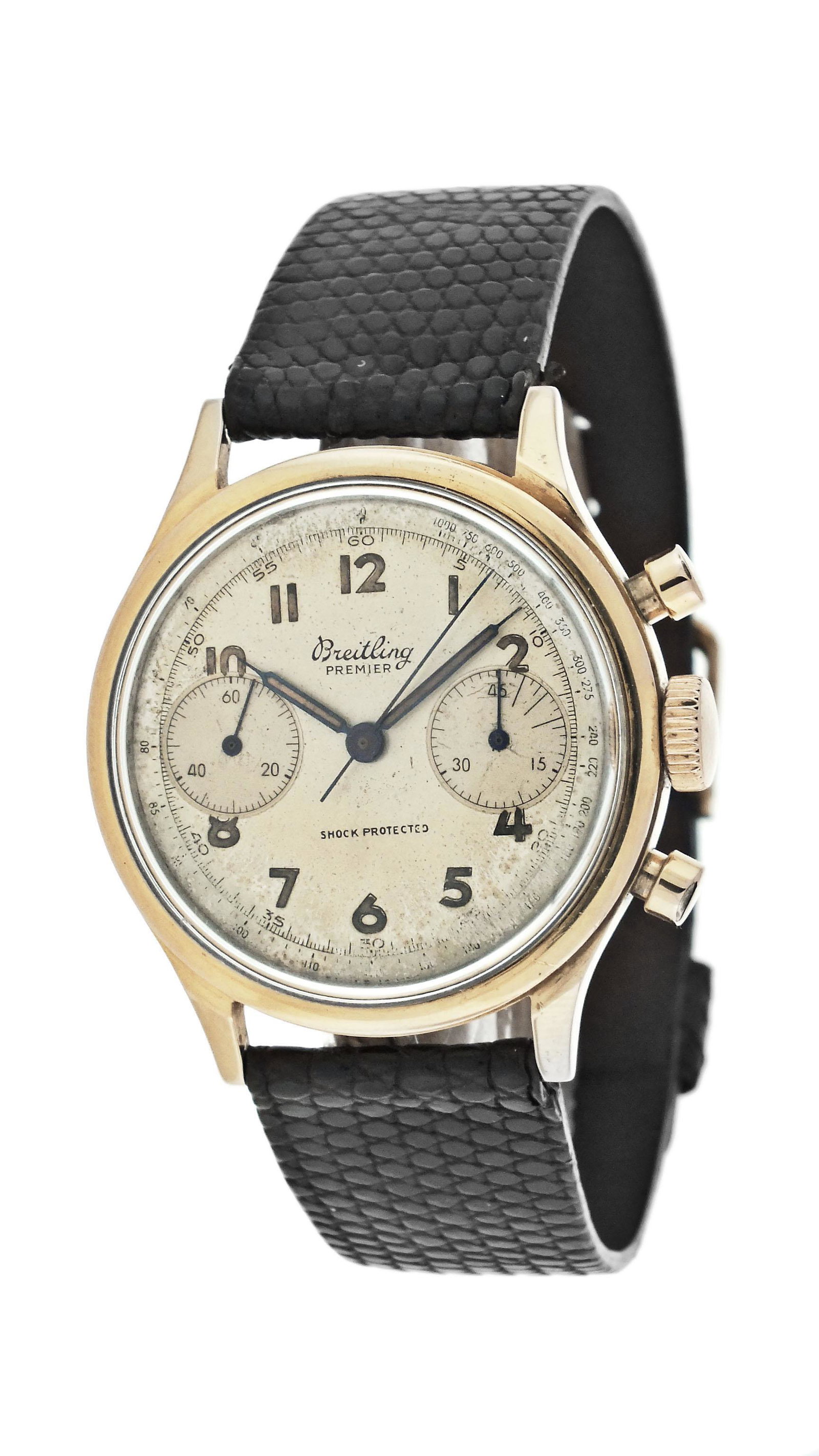 Breitling yellow gold ref. 790 Premier wrist: Breitling, Switzerland, a yellow gold ref. 790 "Premier" wrist chronograph, 17 jewels, manual winding, rhodium plated, Venus cal.175 movement with lever escapement in an round, 18 karat yellow gold ca