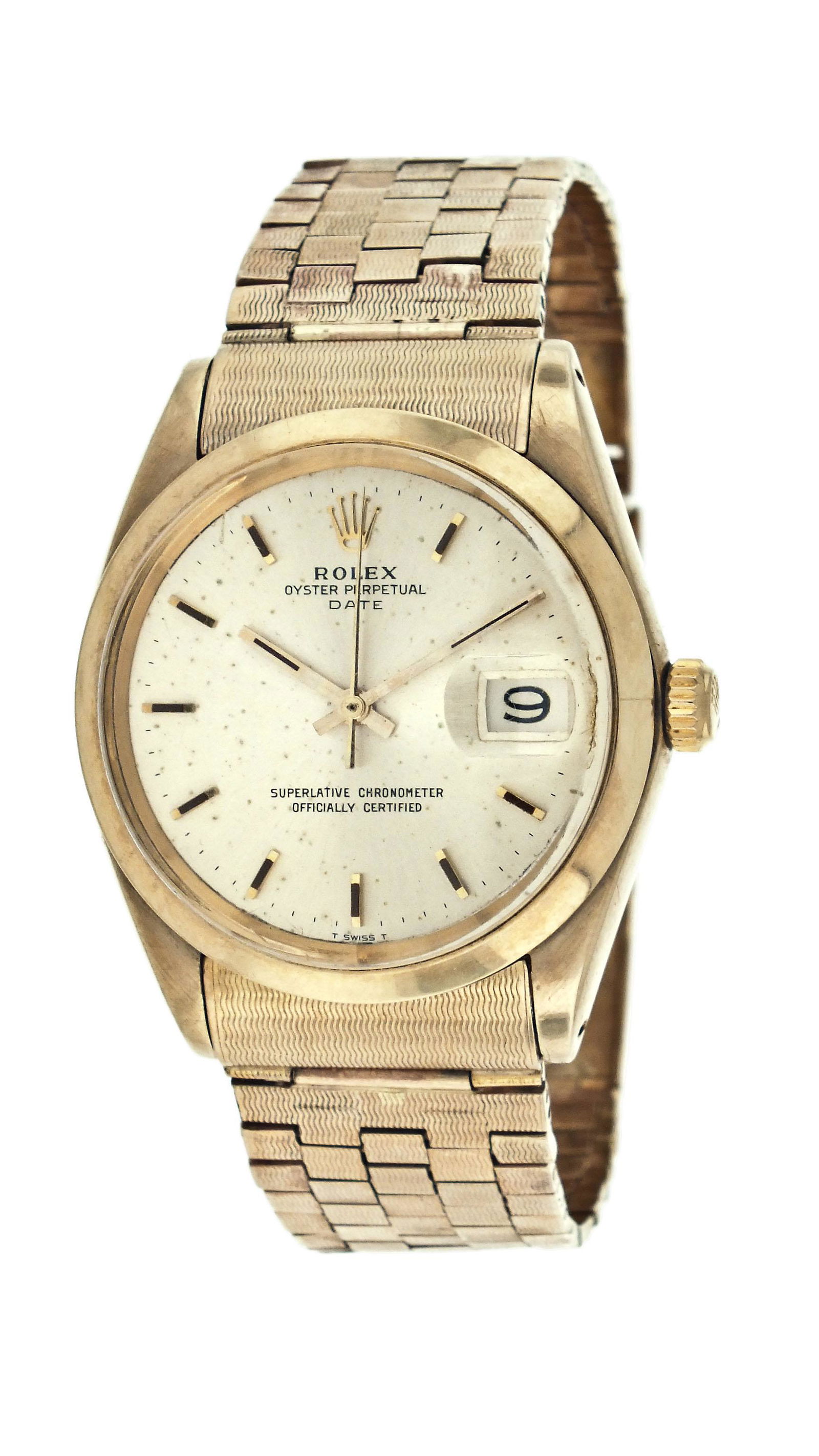 Rolex gold Oyster Date ref. 1500 for the English market: Rolex Watch Co., Switzerland, a gold Oyster Date ref. 1500 for the English market, 26 jewels, automatic winding, adjusted to 5 positions and temperature, rhodium plated cal. 1570 movement with lever e