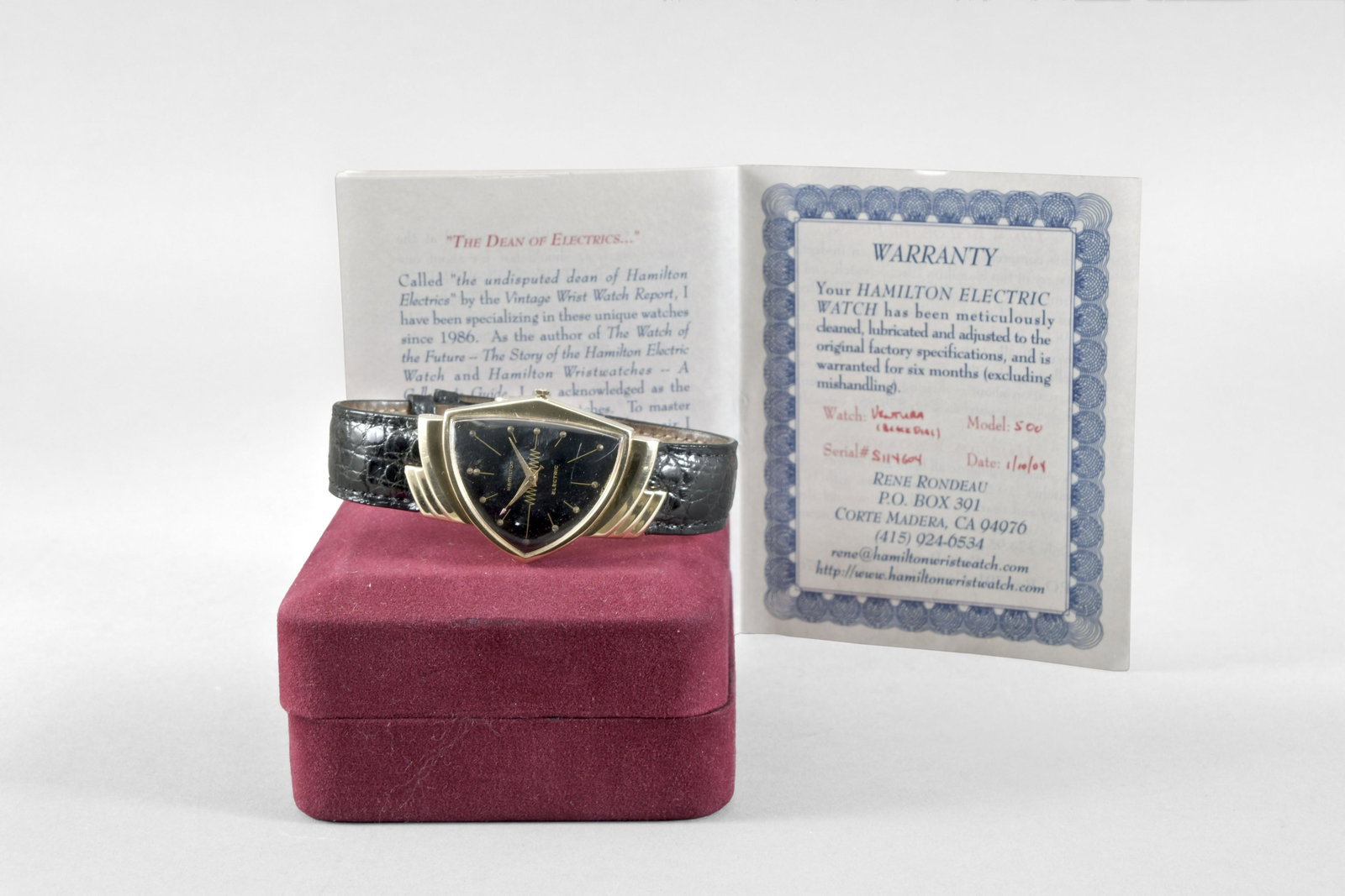 A Hamilton electric "Ventura" model wrist watch: Hamilton Watch Co., Lancaster, Penn., an electric "Ventura" wrist watch, 11 jewel, caliber 500, battery powered nickel plate movement in a 14 karat, yellow gold case with crocodile strap, dot marker b