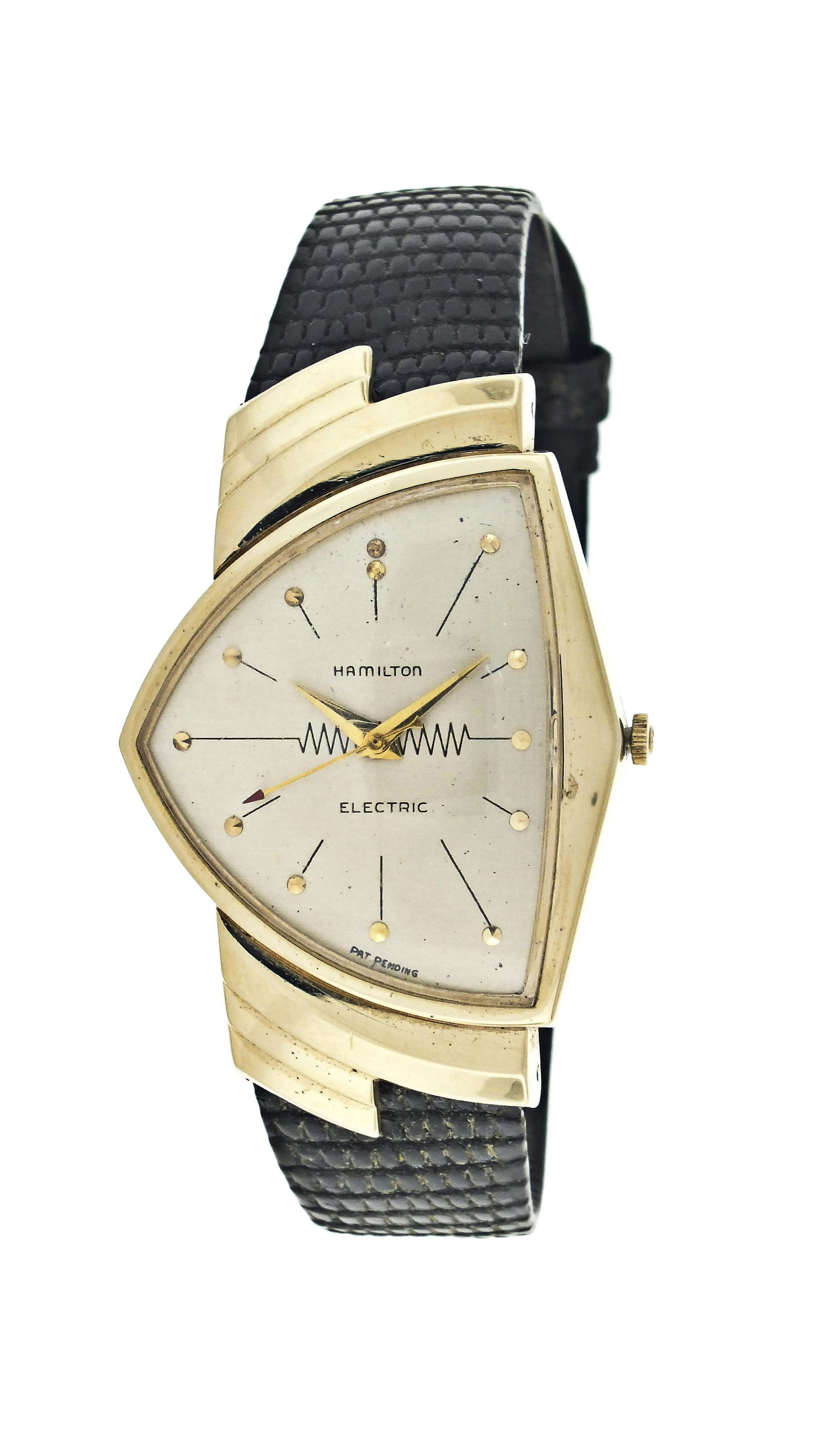 Hamilton Watch Co., an electric Ventura model wrist: Hamilton Watch Co., Lancaster, Penn., an electric "Ventura" wrist watch, 11 jewel, caliber 500 battery powered nickel plate movement in a 14 karat yellow gold case, the back with engraved presentation