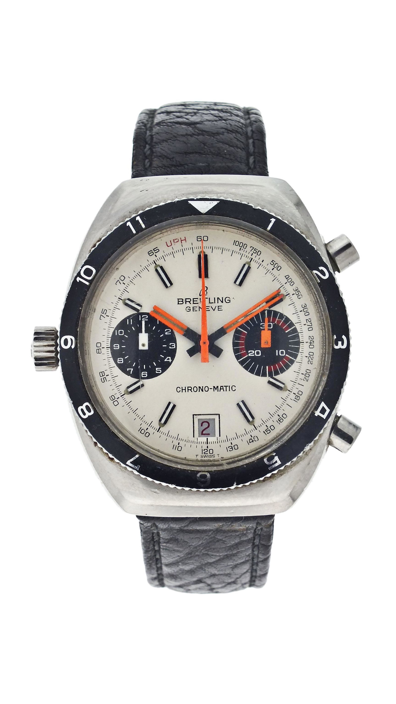Breitling Chrono Matic wrist chronograph: Breitling, Switzerland, a ref.2112 "Chronomatic" wrist chronograph, 17 jewels, automatic winding, gilt plate cal. 12 movement with lever escapement, in a stainless steel tonneau case with fixed bezel 