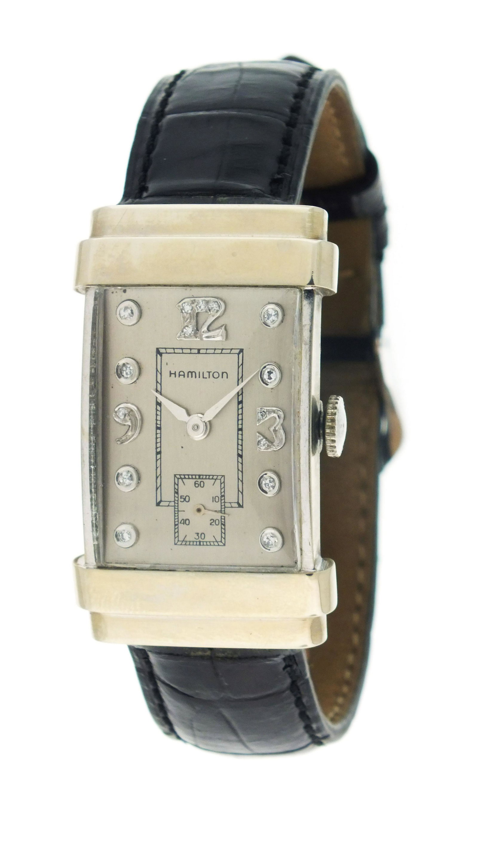 White gold Hamilton Top Hat wrist watch: Hamilton Watch Co., Lancaster, Penn., a 14 karat white gold "Top Hat" wrist watch, 17 jewels, manual winding, cal.980 nickel plate movement with lever escapement in a 14 karat white gold case with hoo