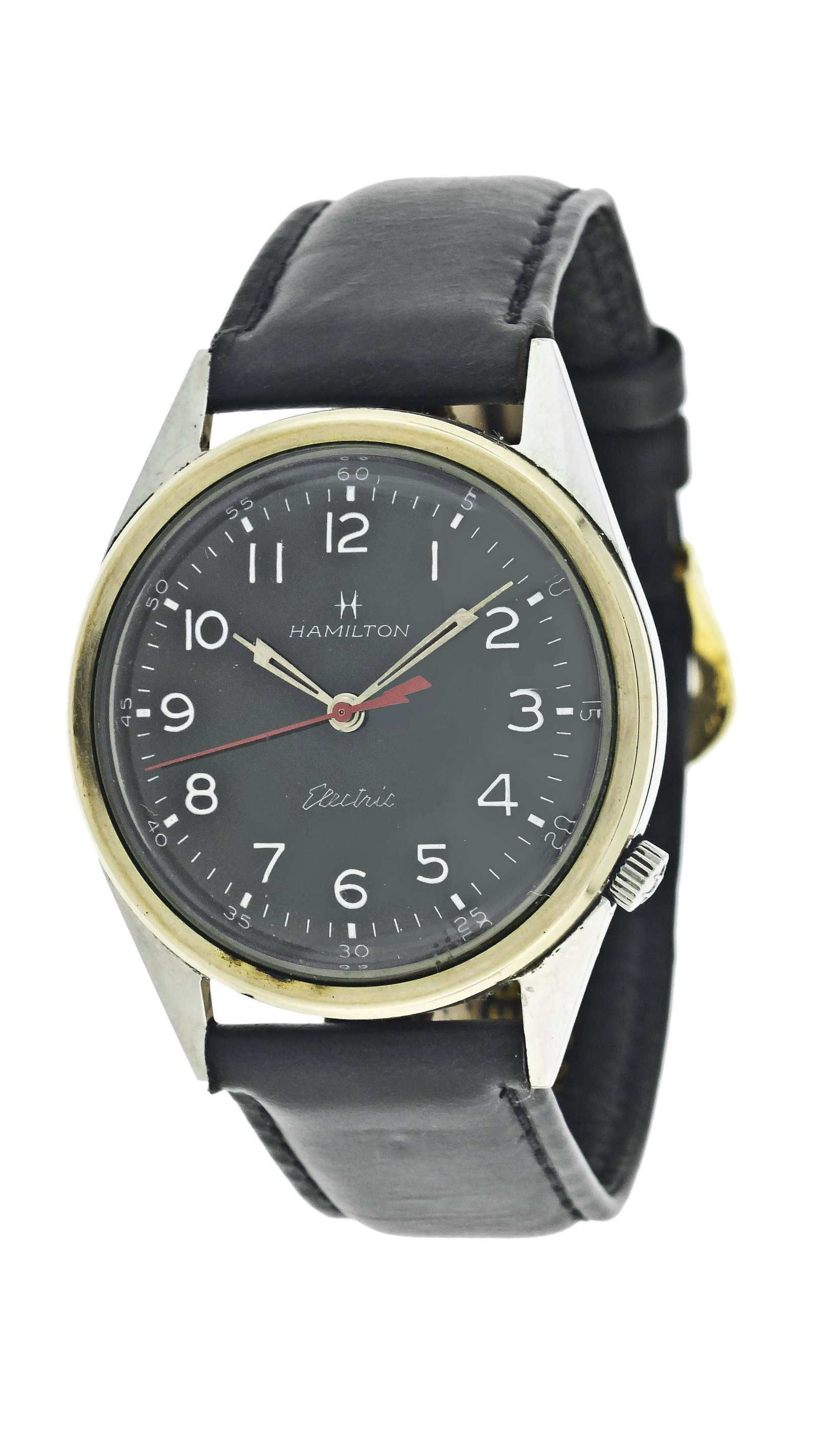 A Hamilton electric "Clearview" model wrist watch: Hamilton Watch Co., Lancaster, Penn., an electric "Clearview" wrist watch, 11 jewel, caliber 505 battery powered nickel plate movement, in a round, stainless steel case with yellow gold filled bezel a