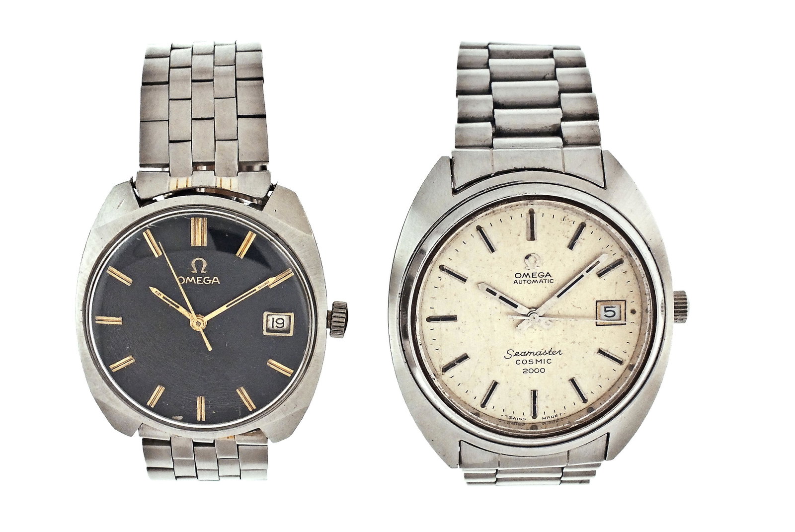 Two Omega Seamaster Cosmic wrist watches: 2 (Two) Wrist watches, both Omega "Seamaster Cosmic" models: the first a "Cosmic 2000" brushed silver dial with date aperture at 3:00, stainless steel tonneau case with ref. 1171 bracelet, 38mm x 42mm