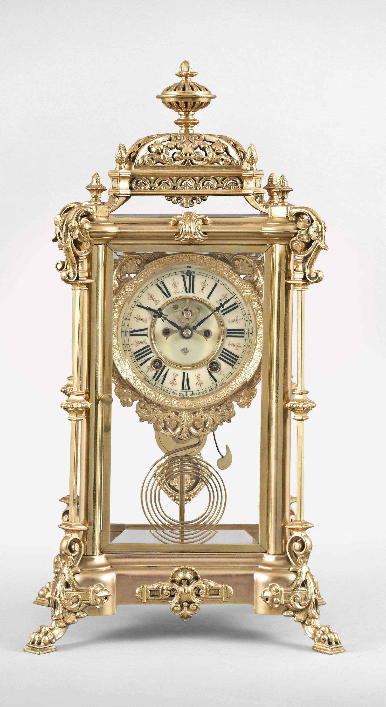 Ansonia Clock Co., New York, NY, "Excelsior" Crystal: Ansonia Clock Co., New York, NY, "Excelsior" Crystal Regulator with a spring driven 8 day time and half hour rack and snail strike brass movement, with visible escapement and jeweled pallets, enamel 5