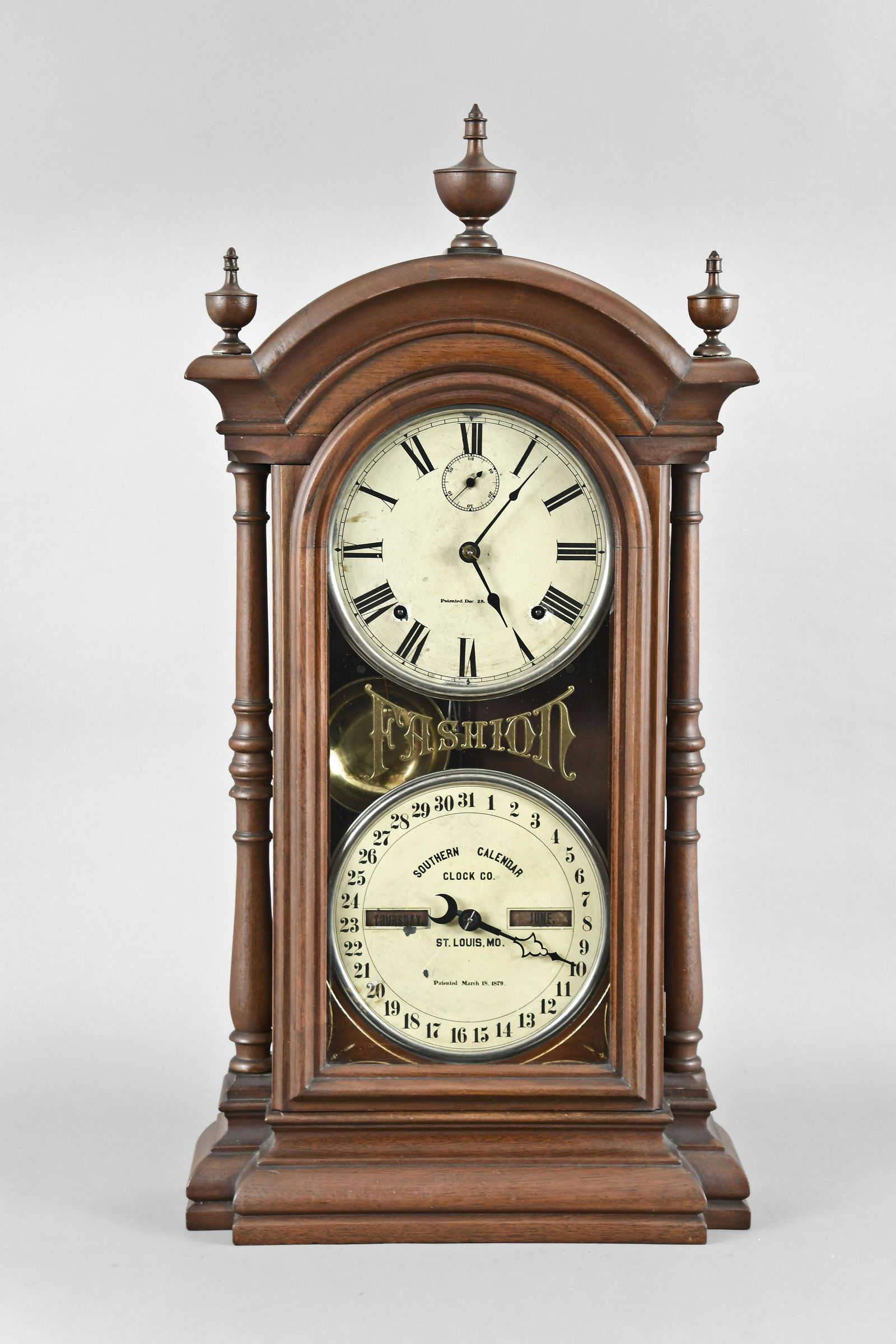 Southern Calendar Clock Co. Fashion No. 3 calendar: Southern Calendar Clock Co., St. Louis, Mo., "Fashion No. 3" shelf clock with a Seth Thomas spring driven, 8 day, time and strike movement and R. T. Andrews perpetual calendar mechanism, in a walnut c