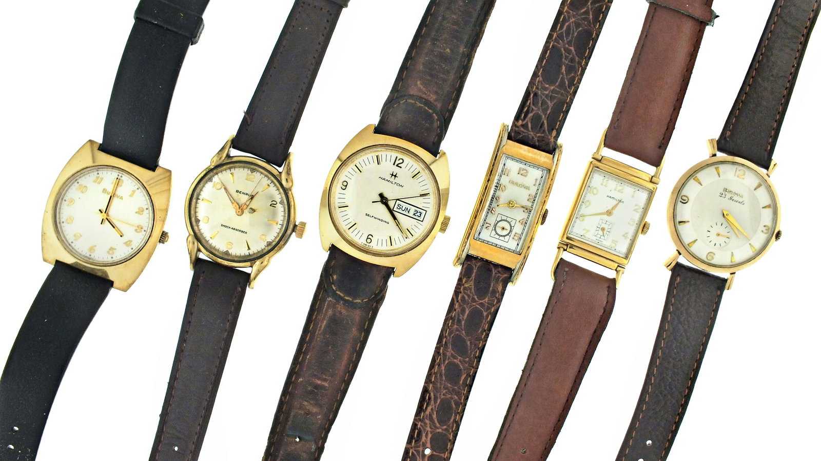 Lot of 15 wrist watches: 15 (Fifteen) wristwatches, makers including Bulova, Hamilton, Waltham, and Benrus, 7 - 23 jewel movements, metal dials, and stainless steel and gold filled cases