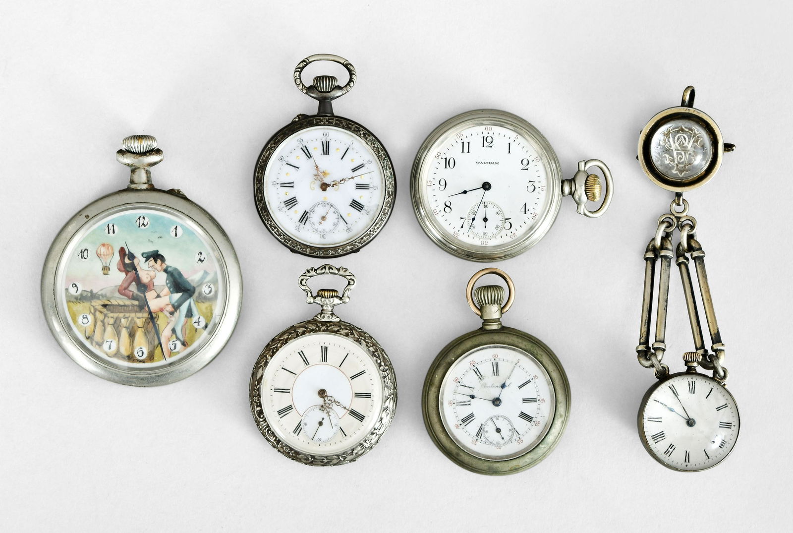 A lot of six European and American pocket watches, one: 6 (Six) pocket watches, European and American, including a Doxa with automated, erotic dial, an unusual, ball form pendant watch with pin, the rear of the watch and pin each with engraved cipher, a gu
