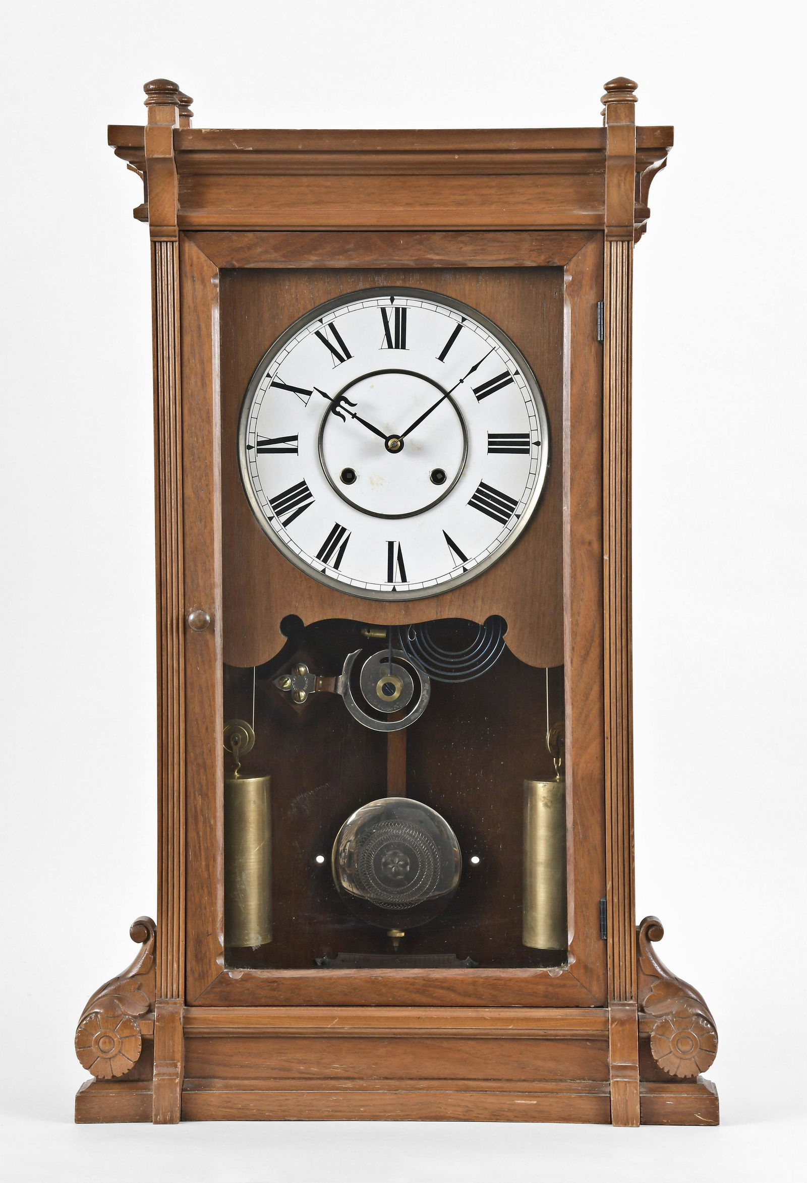 Seth Thomas Clock Co. Lincoln mantel clock: Seth Thomas Clock Co., Thomaston, Conn., "Lincoln" mantel clock, walnut case, steel hands, papered metal dial, 8 day, time and strike, brass movement driven by two weights