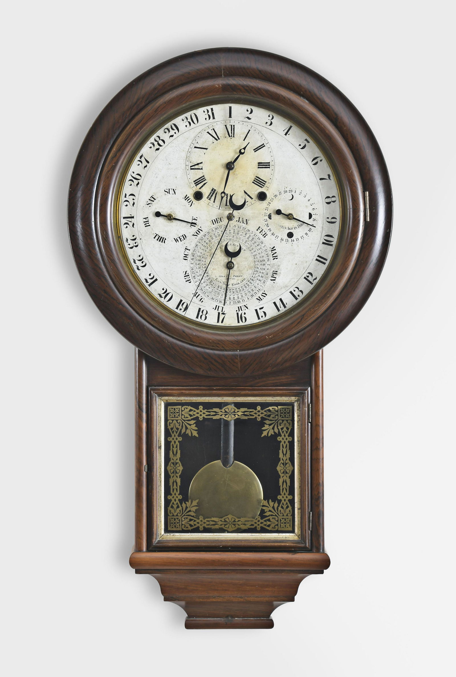 Welch, Spring & Co. Gale Drop Calendar Model No. 3 wall: Welch, Spring & Co., Forestville, Conn., "Gale Drop Calendar Model No. 3" wall clock, rosewood veneer and grain painted case, paper on metal dial, 8 day, time and strike spring driven brass movement.